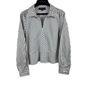 Jones New York Black White Diagonal Striped V-neck Long Sleeve Office Top PL
